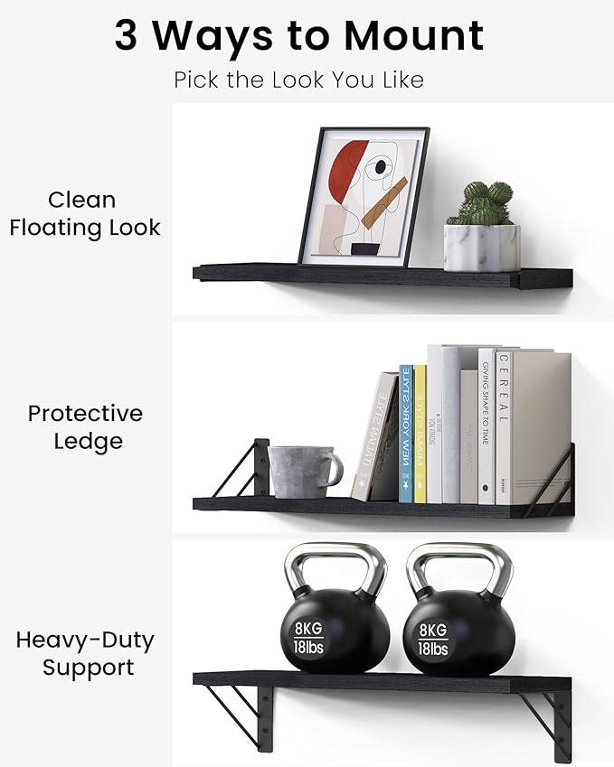 BAYKA Wall Mounted Floating Bathroom Shelves, Wood Floating Wall Shelf for Bathroom Essentials & Decor, Small Space-Saving Display & Organizer（Black，Set of 3）