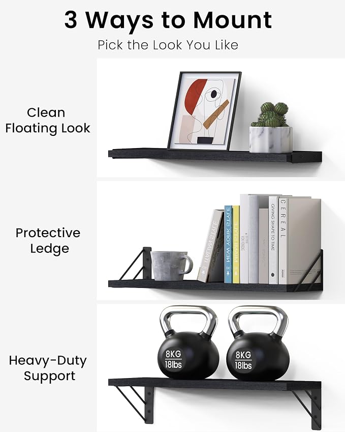 BAYKA Wall Mounted Floating Bathroom Shelves, Wood Wall Shelf for Bathroom Essentials & Decor, Space-Saving Display & Organizer (Black, Set of 4)