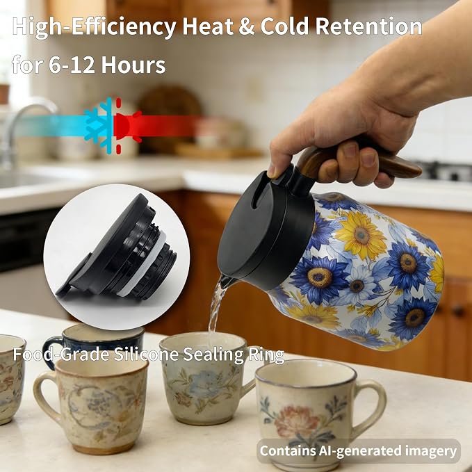 35 OZ Sunflower Vintage Floral Tea Pot with Infuser, Large Capacity Insulated Stainless Steel Tea Kettle, 12 Hour Hot/Cold Retention, Tea-Water Separation Loose Leaf Tea Steeper for Hot Drinks