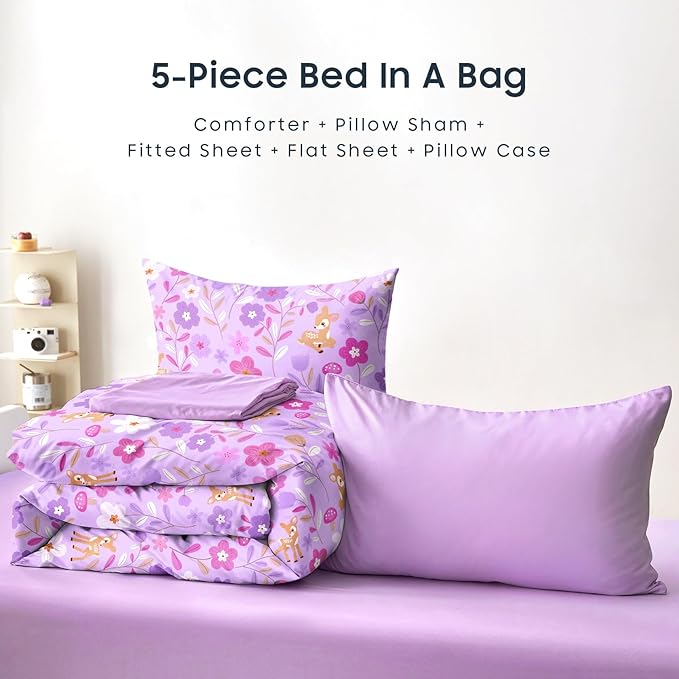 Wake In Cloud - Floral Bedding Set for Girls, Cute Colorful Botanical Flowers Deers Patterned Soft Lightweight Comforter Set with Sheets, 5 Pieces Kids Bed in a Bag, Lavender, Twin Size
