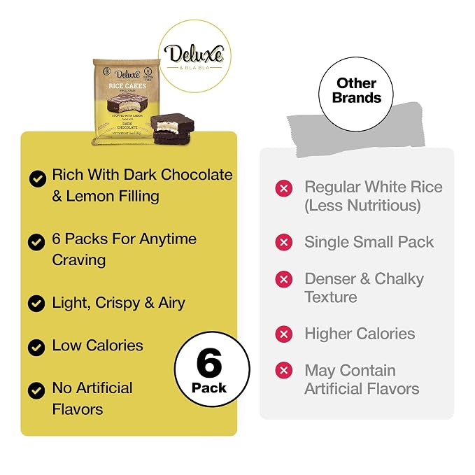 Deluxe & Bla Bla Stuffed Rice Cakes - Whole Grain Chocolate Rice Cake,Gluten Free,Low Calorie,(Alfajor) Kosher Certified - Lemon Filled Rice Cakes coated with Dark Chocolate, 28g Each (6 Pack)