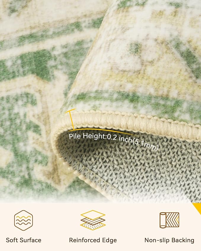 RELEANY Area Rugs 3'x5' Washable Non-Slip, Floral Vintage Distress Medallion Carpet for Living Room Bedroom Dining Room, Sage Green Yellow