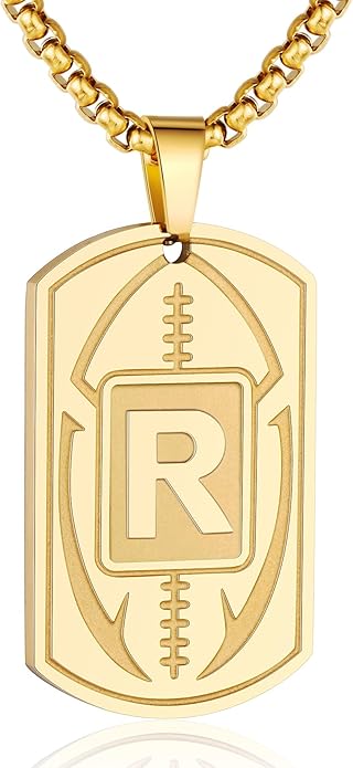 Initial A-Z Dog Tag Necklace for Men - Football Charm Pendant, Stainless Steel Chain 22+2 Inches, Personalized Sports Athletes Jewelry Gift