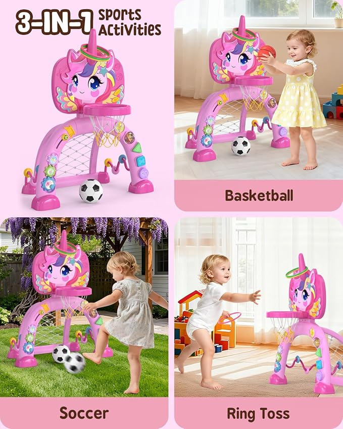 Toddler Basketball Hoop & Soccer Goal, Baby Toys for 1 2 3 Year Old Girls, Kids Sports Toys with Light Sound Music, Unicorn Musical Toys Gift, Christmas Birthday Gifts for Ages 12-18 Months