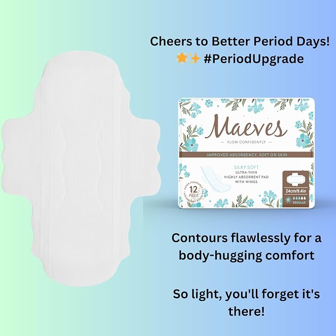 Maeves Pads Ultra Thin, Unscented Feminine Care, Regular Absorbency, Teen, Tween Period Pads, Sanitary Napkins with Wings for Women- 24 Count (2 Packs of 12)
