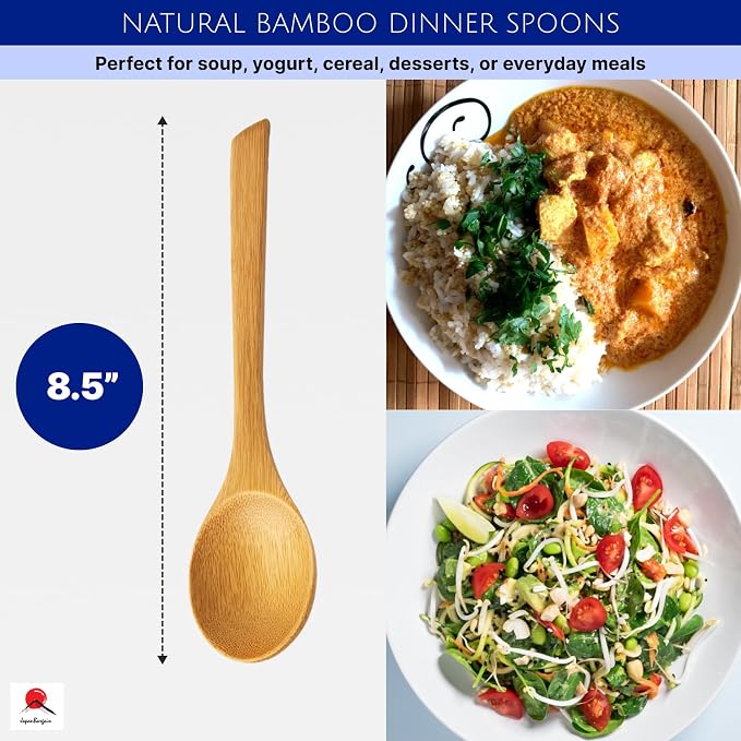 Long Bamboo Soup Spoons Set of 6, 8.5 Inch Wooden Dinner Spoons for Soup Ramen Cereal Rice, Reusable Eco Friendly Kitchen Eating Spoons, Japanese Style Bamboo Tableware