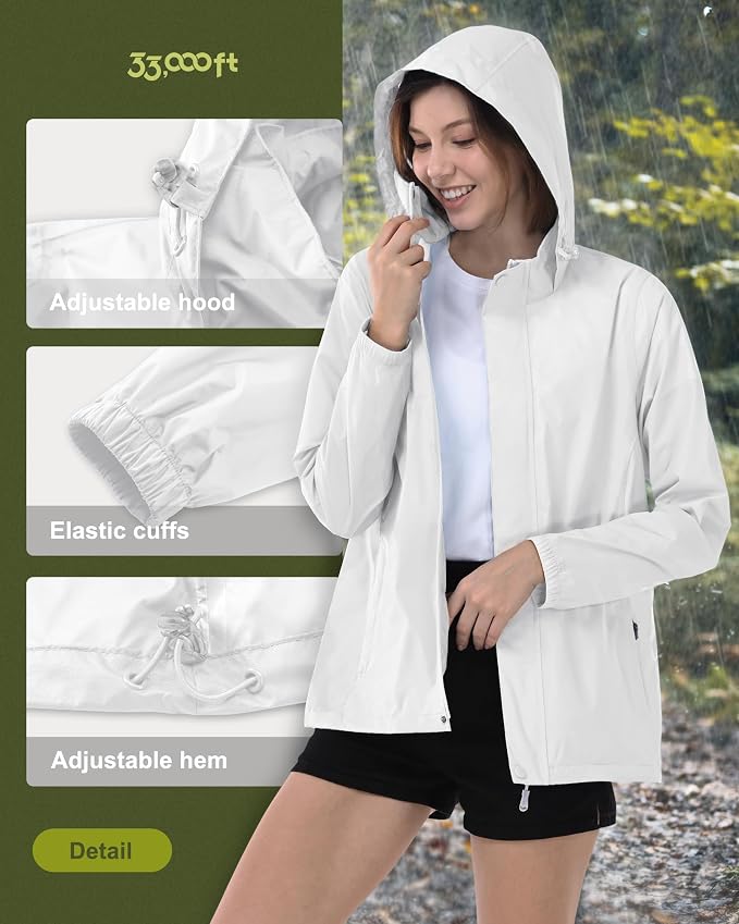 33,000ft Women's Rain Jacket Waterproof Lightweight Packable Raincoat with Hood for Golf Hiking Travel Windbreaker