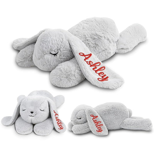 Custom Lying Bunny Plush Embroidered Name Bunny Stuffed Animal, Personalised Rabbit Sleeping Buddy for Baby Birthday Easter Gift for Girls Toddlers Newborn(55CM)