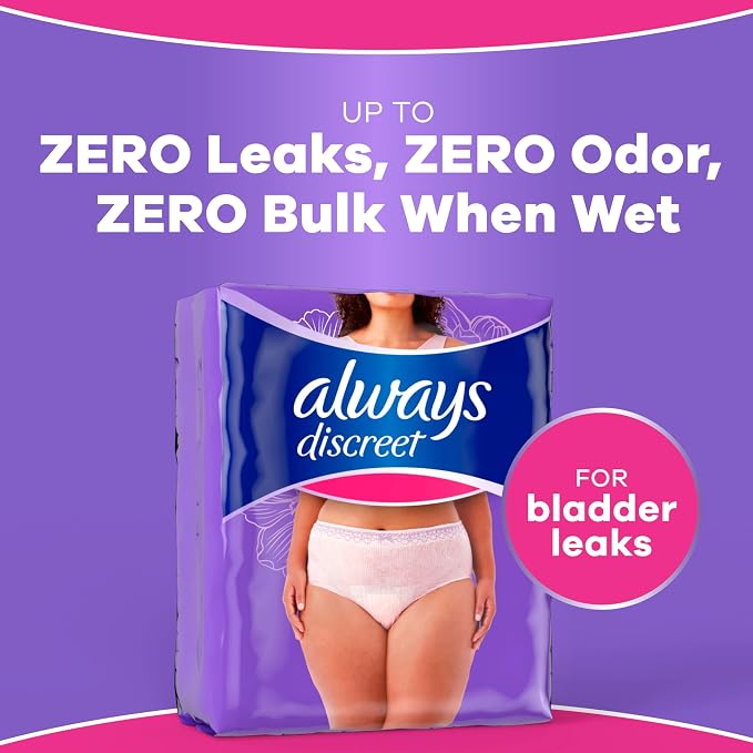 Always Discreet Reimagined Adult Diapers for Women, Maximum Absorbency Incontinence and Postpartum Underwear Size L, Up to 100% Leak Free Bladder Leak Protection, 11 Count