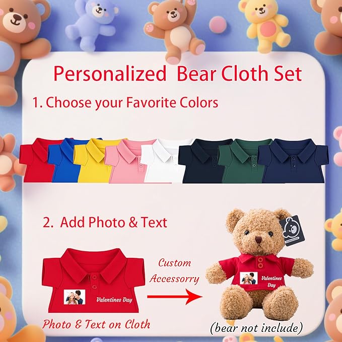 9 Pcs Personalized Teddy Bear Clothes with Name Photo, Stuffed Animal Clothes for Teddy Bears Fit 8-16 inch Stuffed Bear Outfit, Personalized Doll Clothing Make Your Own Plush Doll Shirt