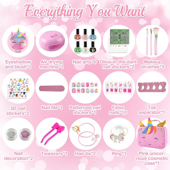 Kids Washable Makeup Kit& Nail Polish Kit for Girl, Kids Play Makeup Set Nail Art Princess Make Up Pretend Play Christmas Birthday Gift for Girls 3 4 5 6 7 8 9 10 11 12 Year Old