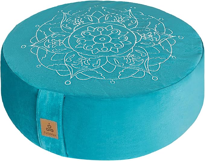 Embroidered Meditation Pillow D=16" H=5.5" Round Velvet Meditation Cushion Yoga Bolster Floor Pouf Zafu Natural Buckwheat hulls Sitting on Floor Removable Organic Cotton Cover Large Kneeling Pillow