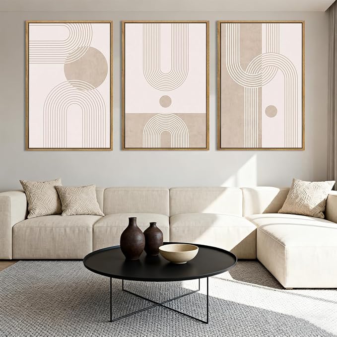 ANHUIB Neutral Boho Abstract Canvas Wall Art Set of 3 Framed Mid Century Modern Wall Decor Beige Geometric Line Artwork Minimalist Prints 16x24 Inch Painting for Living Room Bedroom Dining Room Office