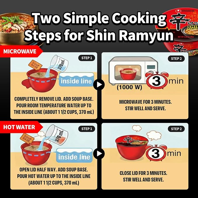 Nongshim Shin Ramyun Bowl Noodles, Spicy Korean Signature Instant Ramyun, Rich Beef Flavored Broth, Quick and Easy, Microwaveable Bowl, 3.03 oz (Pack of 12)