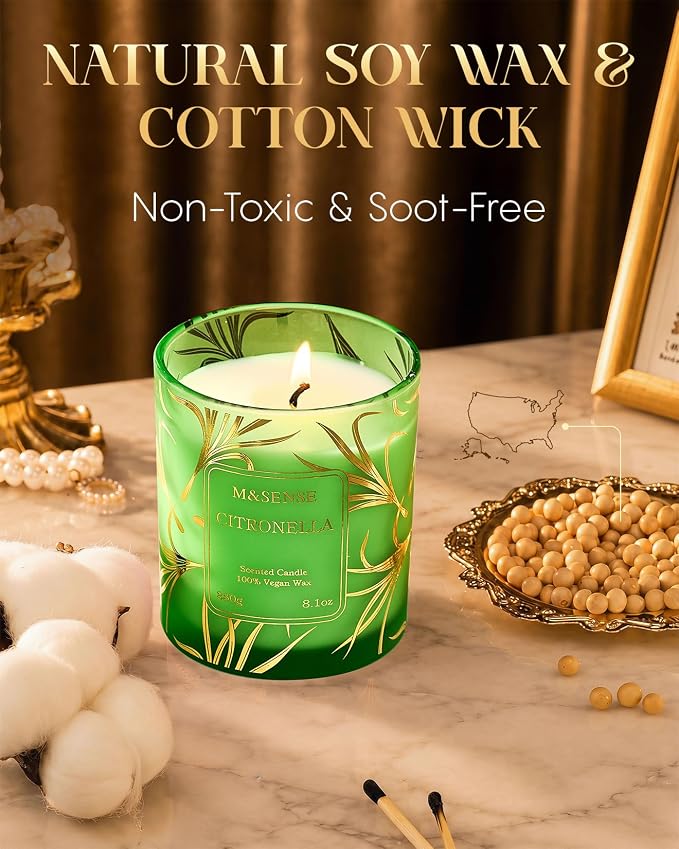 M&SENSE Citronella Soy Candle, 8.1oz Gilded Glass, Outdoor Summer Refresh | 42H Slow Burn, Crisp Citronella, Non-Toxic, Phthalate Free, Warmer Safe, Reusable Patio Glass