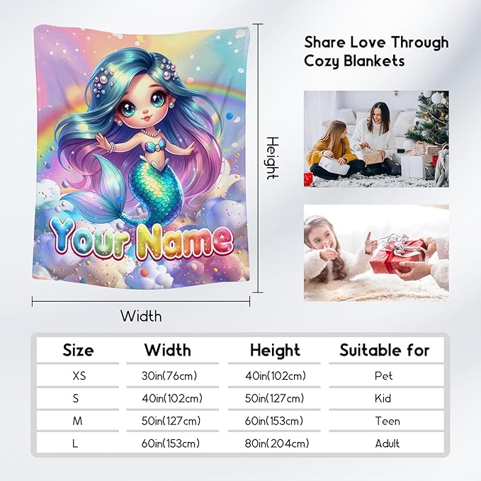 Mermaid Blanket for Girls Personalized Blankets Gifts - 4 Sizes Cozy Flannel Throw for Kids Toddler