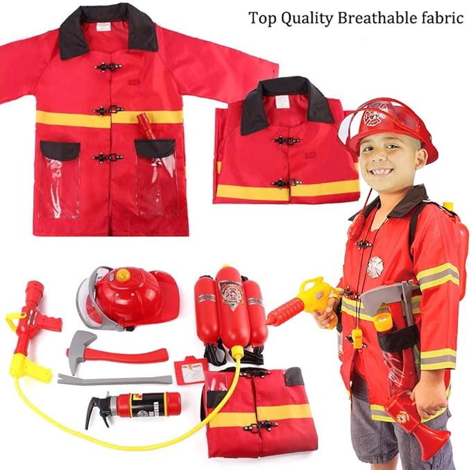 Liberty Imports 12 Piece Kids Fireman Costume Gear Firefighter Chief Dress Up Clothes for Role Play Toy Set with Backpack Water Gun, Fire Extinguisher and Accessories