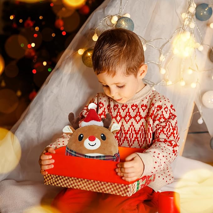 Stuffed Animal with Christmas Hat, The Red Nosed Reindeer Plush, Cute Plushies for Kids Christmas Decorations and Gifts (Reindeer)
