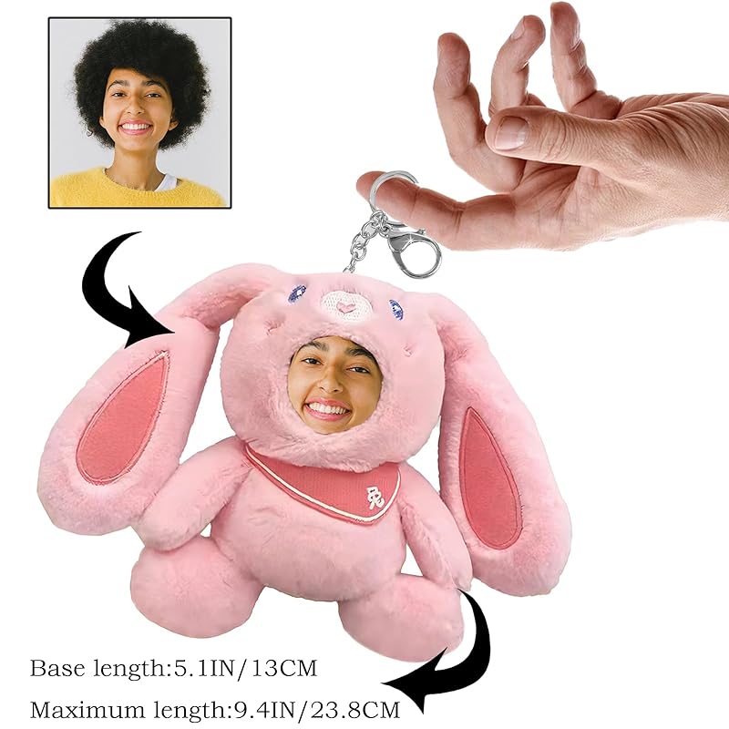 Personalized Easter Bunny Stuffed Animal Key Chain – Customizable Pink Rabbit Plush Toy, a stretchable rabbit (5-10 inches), Gift with Your Child's Face Photo!