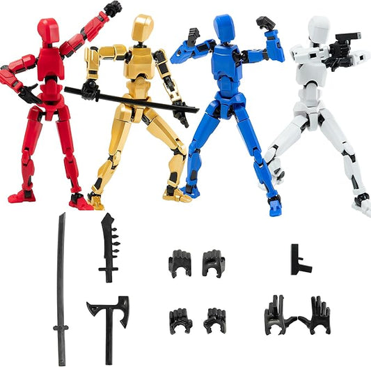 4PCS Assembled Titan T-13 Action Figures Set Lucky Dummy Nova 13 Action Figure Robot Anime Stick Figures Fidget Toys for Boys Multi Movable Joints Gifts Toys for Kids (Golden+White+Blue+Red)