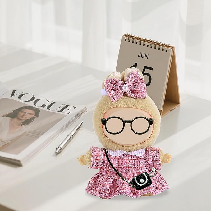 Fashion 17cm Chic Doll Clothes Accessories Set Include: 1 Hairpin, 1 Dress, 1 Glasses, 1 Bag and 1 Shoes for Dress up Your Dolls (Doll Not Included), Chic #Pink