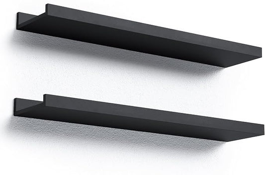 Boswillon Floating Shelves Set of 2, Long Wall Shelf with Lip, 24in, Black | Display Ledge Shelf for Room Wall, Wall Decor Shelves for Bathroom, Living Room, Bedroom, Kitchen, Nursery Room, Modern, Wood