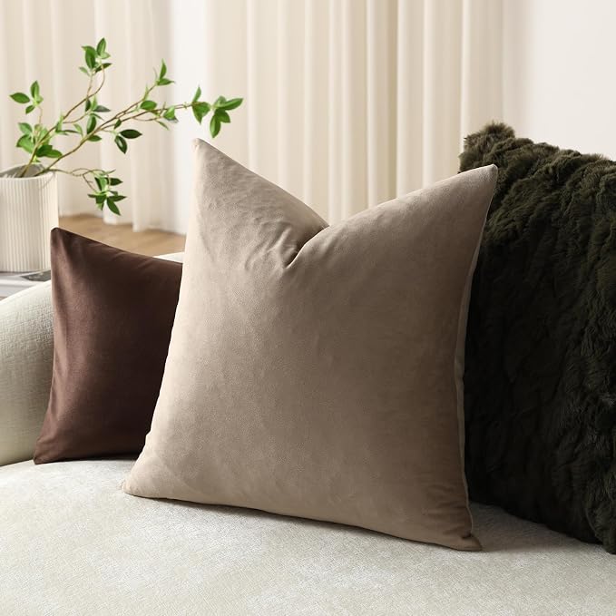 Throw Pillow Covers 18x18 Taupe: Pack of 2 Cozy Soft Velvet Square Modern Luxury Decorative Throw Pillow Cases for Sofa Couch Living Room Bed Home Decor