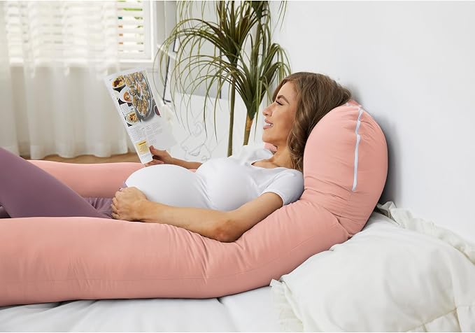 ZZZhen Pregnancy Pillow for Sleeping, U Shaped Maternity Pillow - 56 Inch with Grey Microfiber Removable Cover, Multi- Use and Support Back, Hips, Legs, Belly for Pregnant Pink Women Sleeping