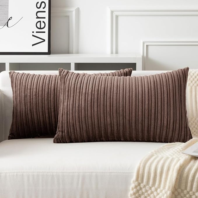 UGASA Fall 14x24 Inch Pillow Cover Pack of 1 Soft Boho Stripe Corduroy Long Rectangle Lumbar Cushion Case Farmhouse Decorative Throw Pilowcase for Bed, Couch, Sofa, Bedroom, Living Room, Dark Brown