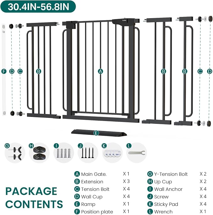 Cumbor 30.4-56.8" Extra Wide Baby Gate for Stairs, Dual Lock & Self-Closing Dog Gate Indoor, Easy Install Pet Gate for Doorways & Wide Openings, Easy Walk Thru Safety Proofing for Babies & Pets, Black