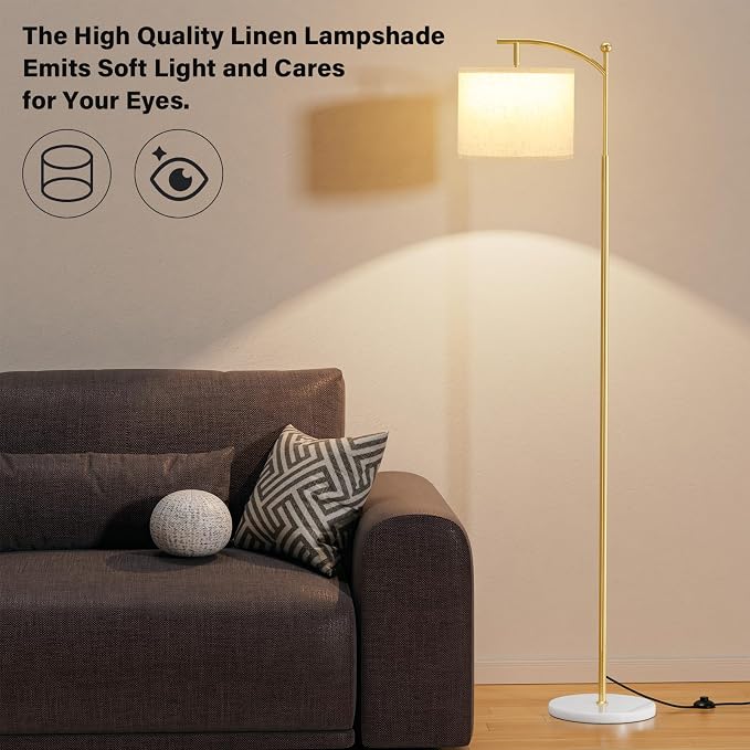 Ambimall 60" Floor Lamp for Living Room with 3 Color Temperatures, Gold Standing Lamp with White Marble Base, Modern Tall Lamp for Bedroom Office, 9W LED Bulb Included