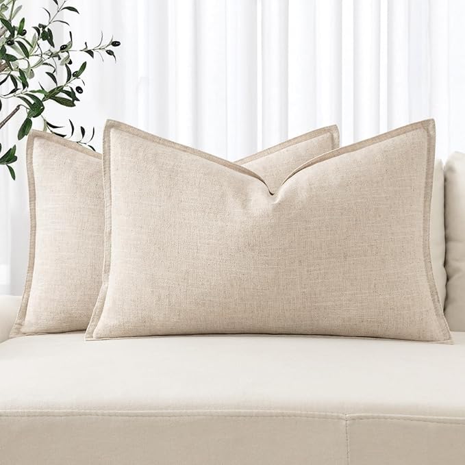 MIULEE Decorative Linen Lumbar Pillow Covers 12x20 Inch Natural Beige | Boho Farmhouse Neutral Couch Throw Pillows for Bed, Pack of 2 Accent Modern Pillowcases, Sofa Livingroom Home Decor
