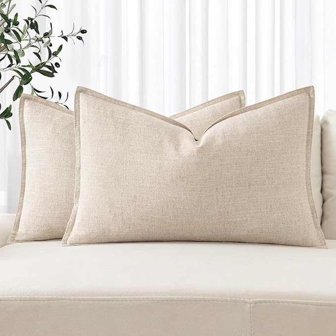 MIULEE Decorative Linen Lumbar Pillow Covers 12x24 Inch Natural Beige | Boho Farmhouse Neutral Couch Throw Pillows for Bed, Pack of 2 Accent Modern Pillowcases, Sofa Livingroom Home Decor