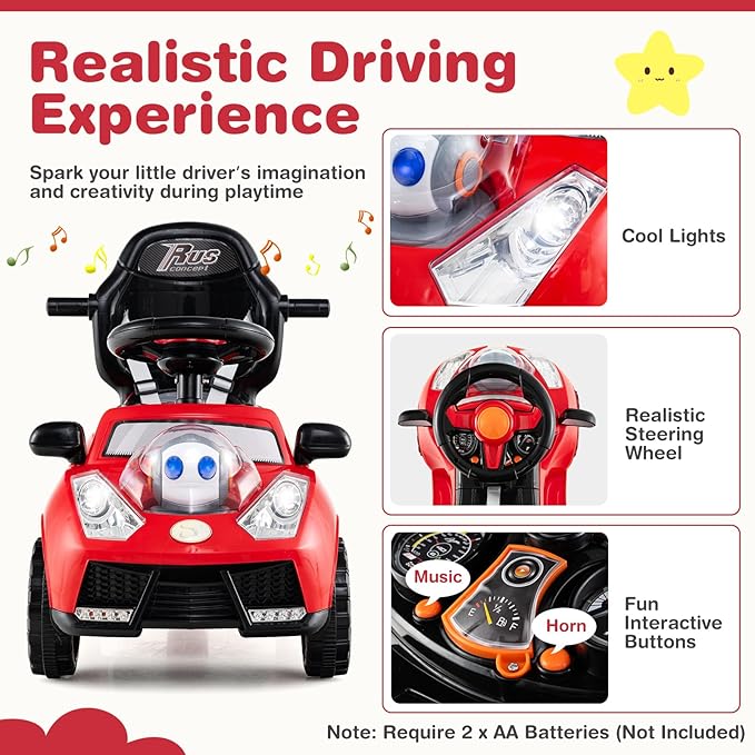 Costzon Push Car for Toddlers, 3 in 1 Stroller Sliding Walking Car with Handle, Canopy, Seat Belt, Horn, Music & Lights, Under-Seat Storage, Guardrail, Foot-to-Floor Ride On Toy for Boys Girls (Red)