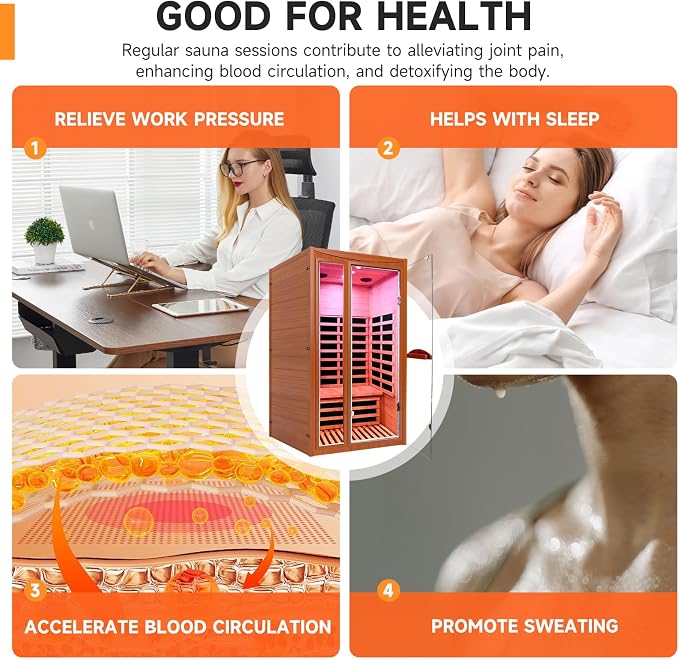 OUTEXER Far Infrared Sauna Home Sauna Spa Room for 1-2 Person Low-EMF Canadian Hemlock Wood 1550W Indoor Saunas with 7 Color Light 39.3 * 35.4 * 74.8Inch