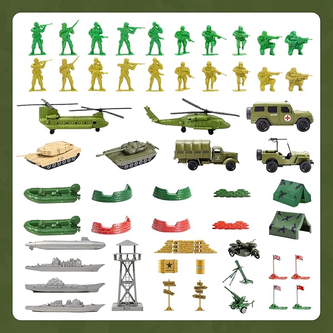 Army Men Military Toys for Boys Age 3-12, 124 Pcs Plastic Army Men Playset - Army Men Action Figures with Toy Soldiers, Boats, Tanks, Helicopters and Battleships - Birthday Gift for Kids