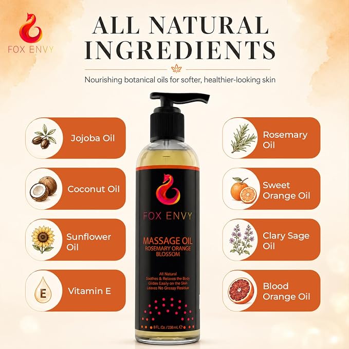 Massage Oil for Couples, Women & Men (1 Bottle, 8 fl oz) - Fox Envy Orange Blossom with Rosemary Scented Sensual Oil with Coconut Oil & Jojoba Oil - Enhances Stimulation for The Body & Muscles