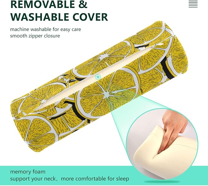 Yellow Lemon Slices Neck Roll Pillow Bolster Round Health Memory Foam Long Cervical Cylinder Pillows with Removable Washable Cover for Body Bed Legs Back Yoga