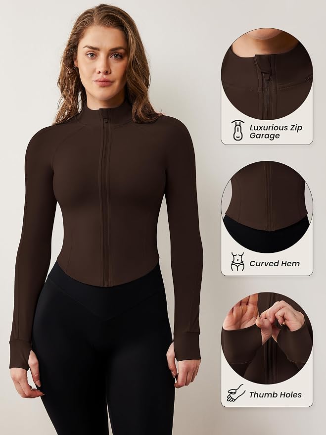 AVGO Women's Workout Jacket Lightweight Zip Up Cropped Yoga Jackets Slim Fit Athletic Tops with Thumb Holes
