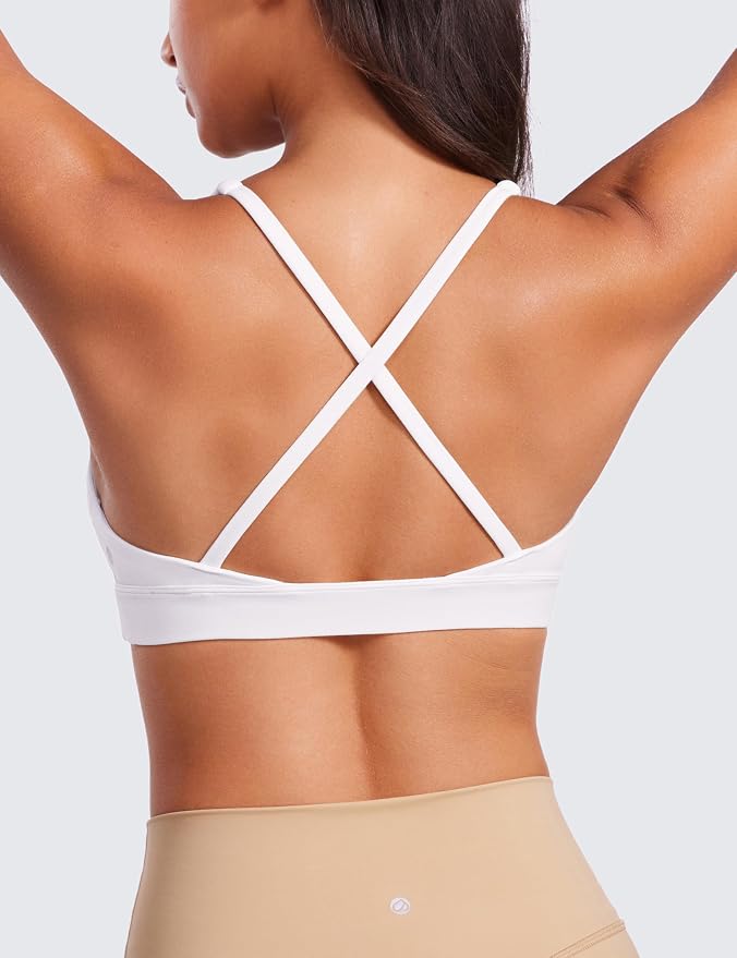 CRZ YOGA Butterluxe Deep V-Neck Sports Bras for Women - Spaghetti Strap Criss Cross Padded Top Low Coverage Wireless Yoga