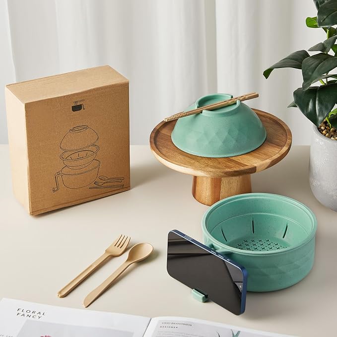 1 Set Microwave Ramen Cooker 40oz Wheat Straw Microwave Noodle Bowl Set with Chopsticks, Spoon, Fork, College Dorm Office Apartment Essentials (Light Green)
