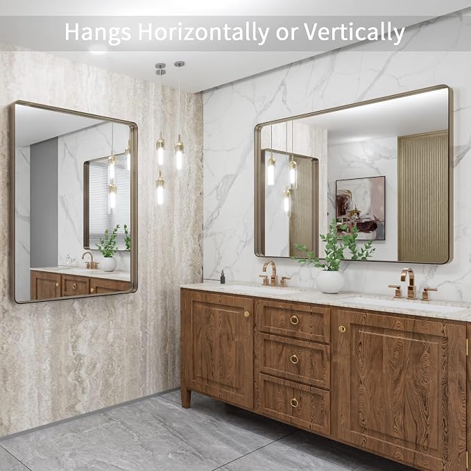 LOAAO 40"X32" Bronze Bathroom Mirror | Rounded Rectangle, Brushed Bronze Metal Frame, Anti-Rust, Tempered Glass, Hangs Horizontally or Vertically