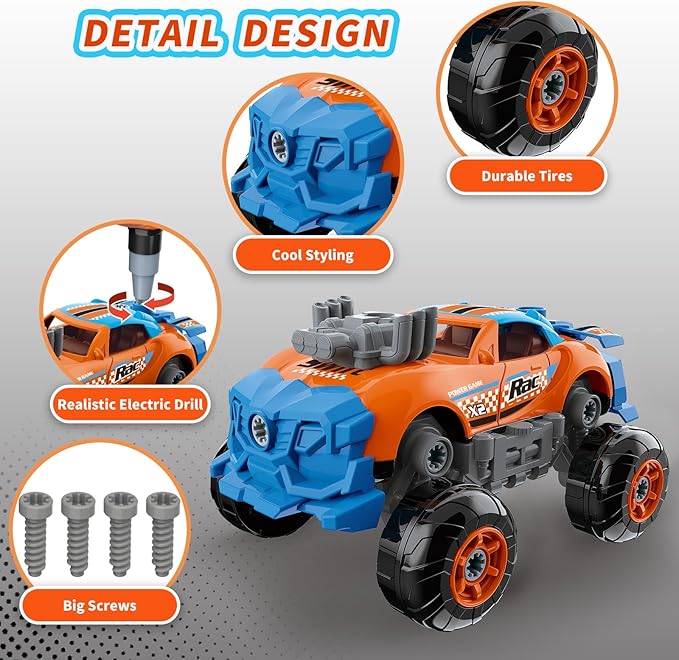 Pup Go 3-in-1 Take Apart Car for Boys Ages 3 4 5 6 7, Building Toys with Electric Drill, 43 Pcs Construction Toy Truck, Build Your Own Car with Play Tools, Ideal STEM Gift for Kids Children (Orange)