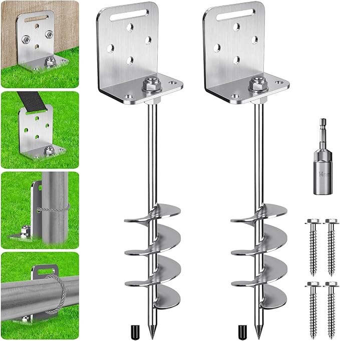 BeneLabel 2/4/6 Pack 18" 24" Ground Anchors Screw in Shed Anchor with L Bracket Trampoline Anchor Spiral Swingset Anchors for Swing Set, Mobile Home, Fence, Playset, Tent, Canopy, Carport