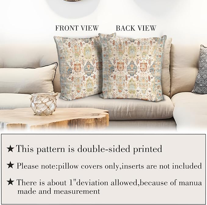 Boho Floral Throw Pillow Covers 18x18 inch Set of 2,Beige Boho Rug Geometric Floral Pattern Decor Double Sided Pattern Cushion Cover Soft Pillow Case Living Sofa Room Bed Square Pillow Cover