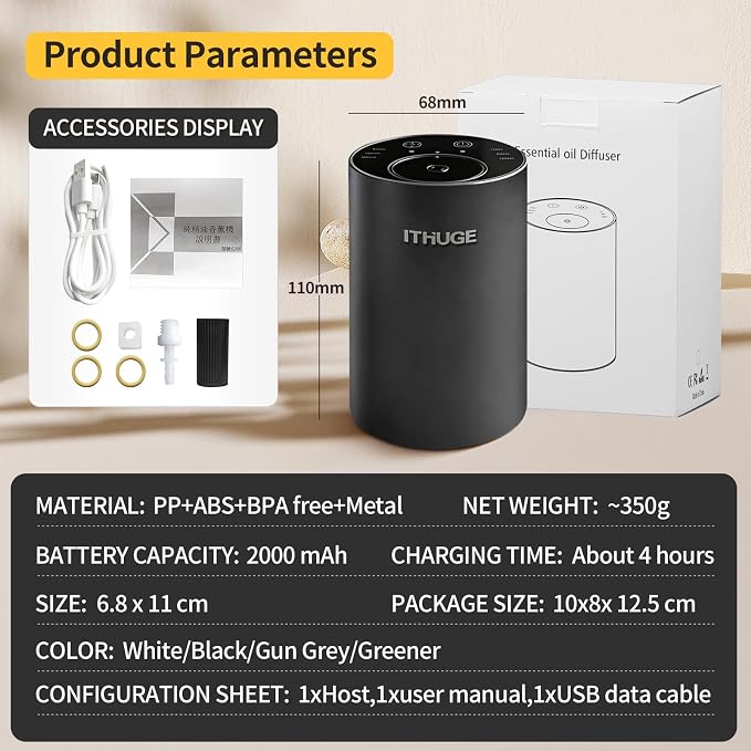 Waterless Nebulizing Essential Oil Diffuser - 48H Battery Powered Portable Aromatherapy with 3 Intensity Levels, USB-C Rechargeable for Car Home Office Yoga Travel (Silver)