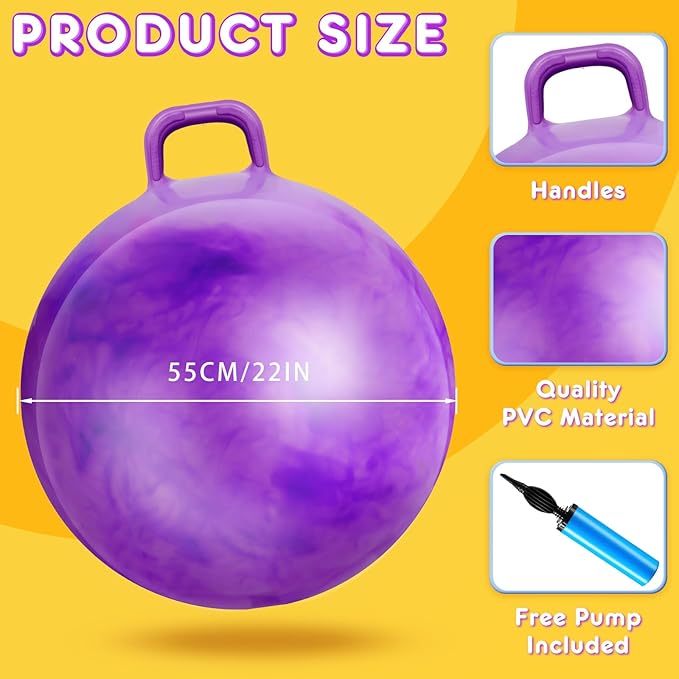 Lewtemi Hopper Ball, Hopping Toys for Adults, 18 Inch Bouncing Ball Hippity with Handle Rubber Hop, Jumping Exercise with Air Pump for Outdoors Games Toys(Gradient Purple,22 Inch)