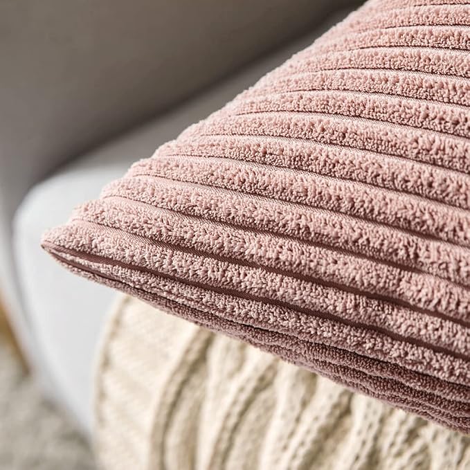 MIULEE Decorative Corduroy Throw Pillow Covers Set of 2 18x18 Blush Pink | Soft Striped Textured Cushion Cases, Boho Square Lovely Cute Pillowcases, Home Decor for Couch Chair Sofa Bed Living Room