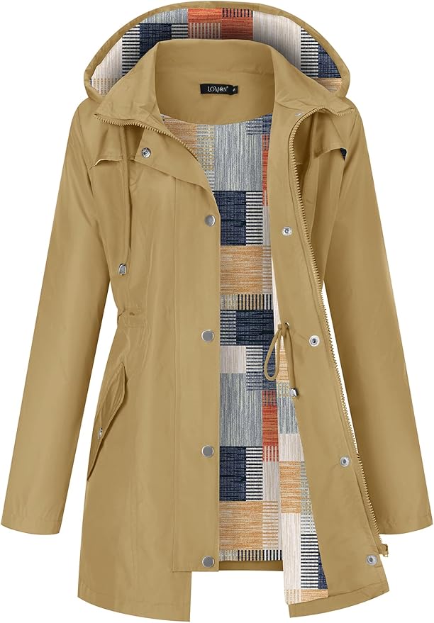 LOMON Women Waterproof Outdoor Hiking Raincoat Women Lined Rain Jacket Lightweight Hooded Jackets Trench Coats