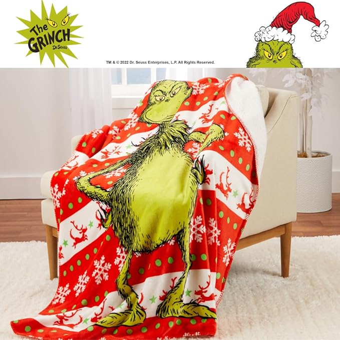 Dr. Seuss The Grinch Holiday Christmas Kids Bedding Soft Plush Cozy Sherpa Blanket Throw, 46 in x 60 in, (Officially Licensed Product) by Franco